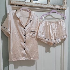 SHEIN Women's Creamy Blush Satin Pajama Top And Shorts Set, Black Trim Size XL
